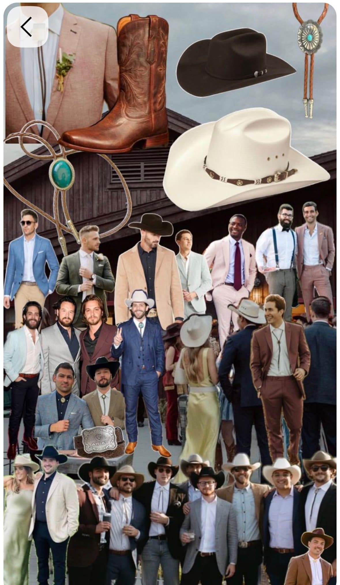 Western formal details: bolo ties, boots, hats, and belt buckles