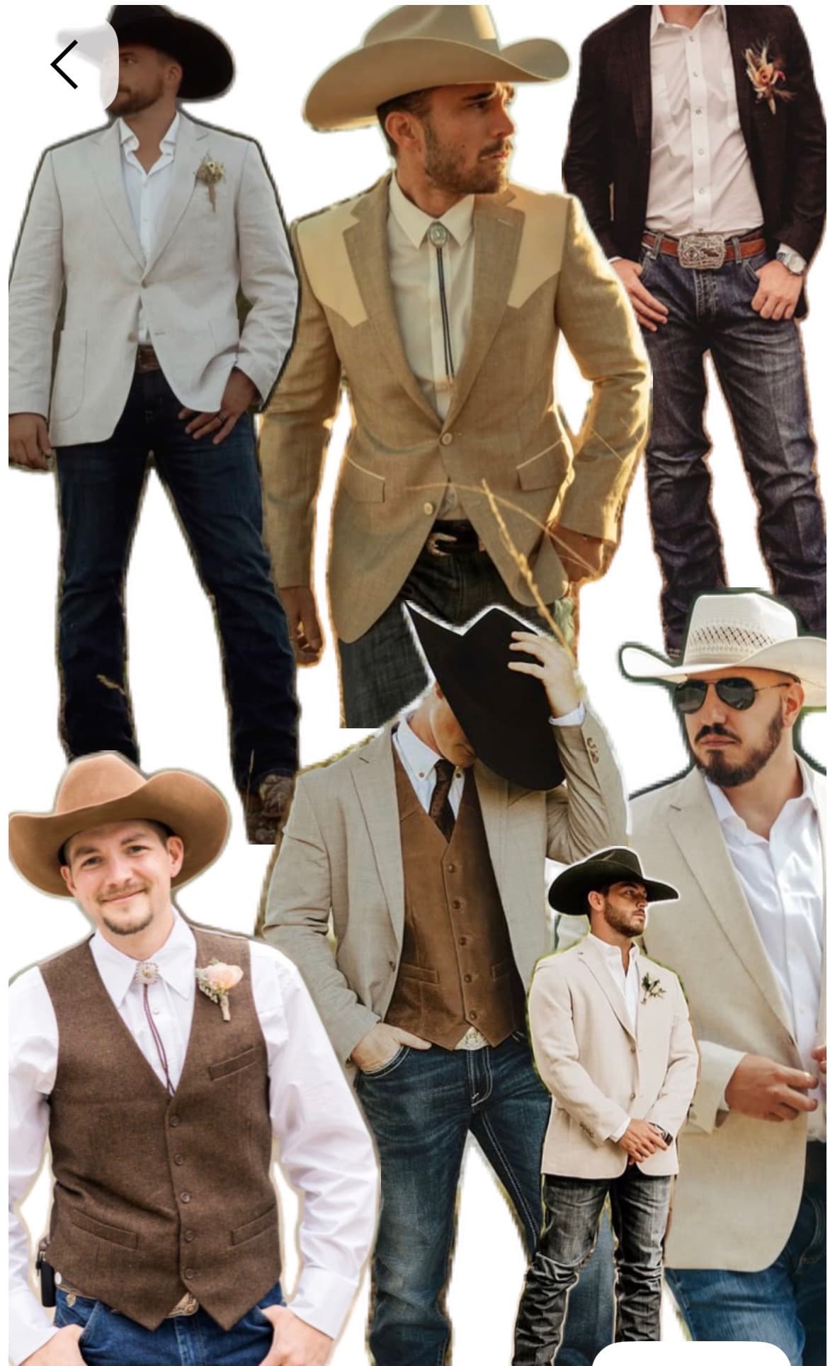 Men's dress code inspiration: blazers, jeans, boots, and cowboy hats